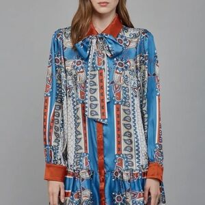 Fate Blue, Rust & Cream Paisley Long Sleeve Dress w/Removable Bow Tie